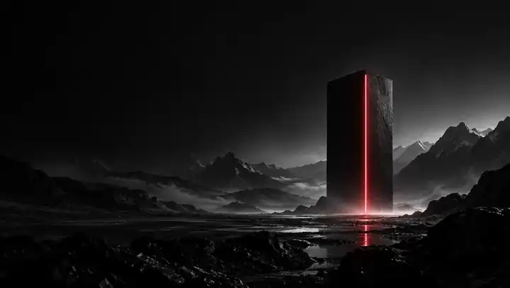 Abstract dark monolith concept with a red vertical accent